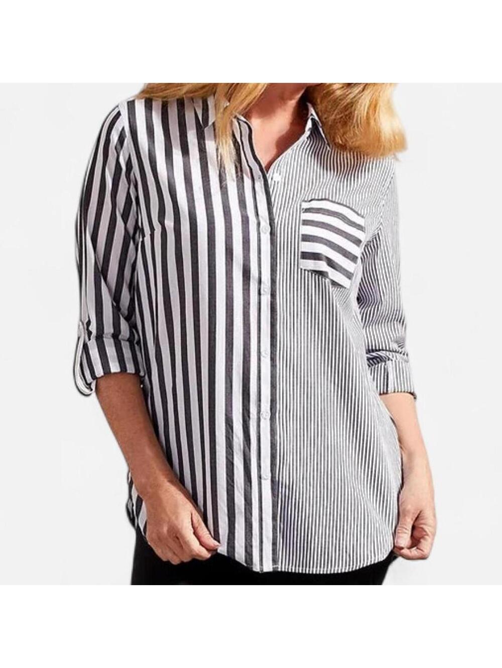 Tribal The Shirt Button Up Womens 2X Black White Stripe Cotton